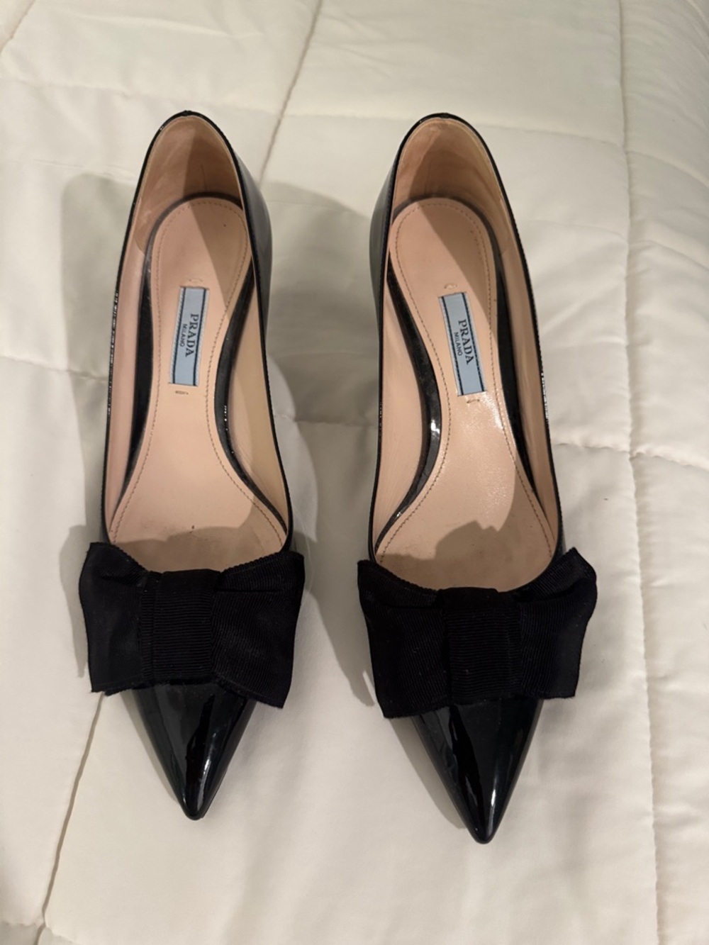 Prada Black Patent Pointed-Toe Bow Pumps